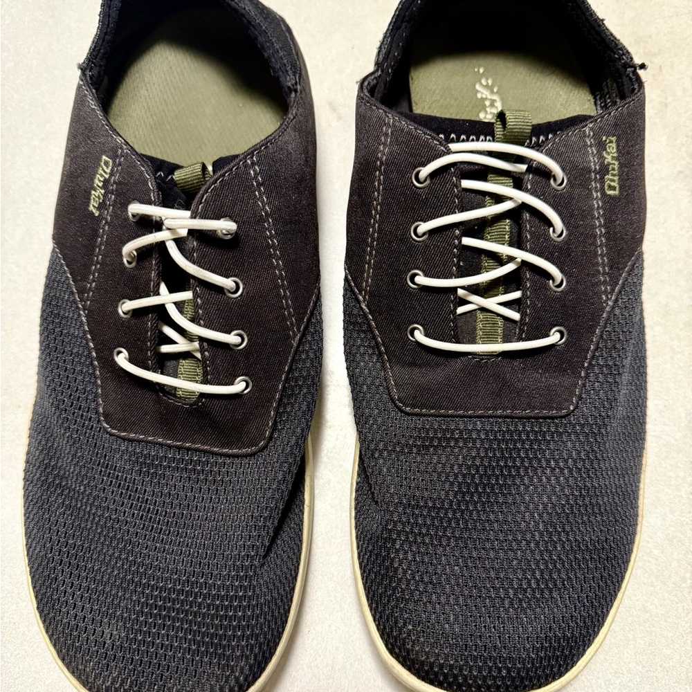 Olukai Mens Nohea Moku Slip-On Shoes Black Textile Elastic Lace Casual Vegan 11M